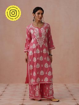 House of Chikankari - Pink Rayon Embroidered Chikankari Kurta with Palazzo