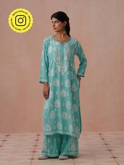 House of Chikankari - Blue Rayon Embroidered Chikankari Kurta with Palazzo