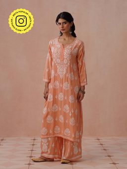 House of Chikankari - Peach Rayon Embroidered Chikankari Kurta with Palazzo