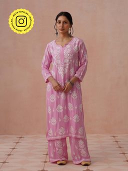 House of Chikankari - Pink Rayon Embroidered Chikankari Kurta with Palazzo