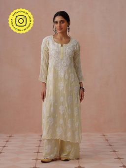 House of Chikankari - Yellow Modal Embroidered Chikankari Kurta with Pant