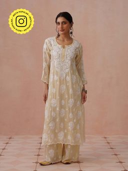 House of Chikankari - Beige Modal Embroidered Chikankari Kurta with Pant