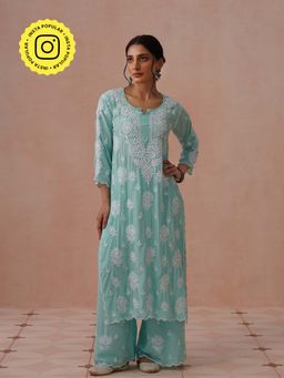 House of Chikankari - Blue Modal Embroidered Chikankari Kurta with Pant