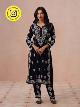 House of Chikankari - Women Black Rayon Chikankari Kurta and Pant Set