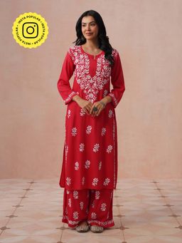 House of Chikankari - Women Red Rayon Chikankari Kurta and Palazzo Set