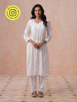 House of Chikankari - Women White Modal Chikankari Kurta and Pant Set