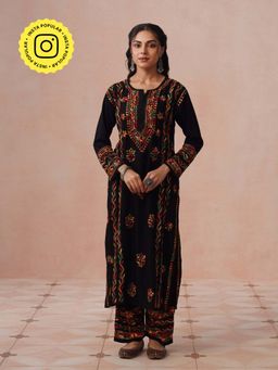 House of Chikankari - Women Black Rayon Chikankari Kurta and Pant Set