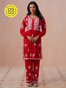 House of Chikankari - Women Red Rayon Chikankari Short Kurta Set