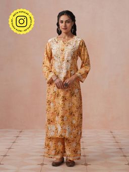 House of Chikankari - Women Orange Rayon Chikankari Kurta and Palazzo Set