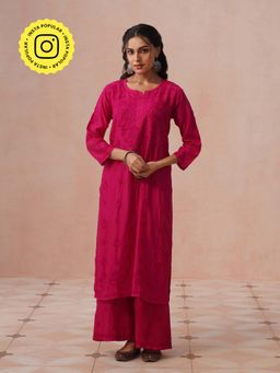 House of Chikankari - Women Fuchsia Pink Chanderi Chikankari Kurta and Palazzo Set