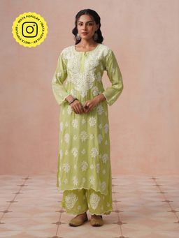 House of Chikankari - Women Green Muslin Chikankari Kurta and Palazzo Set