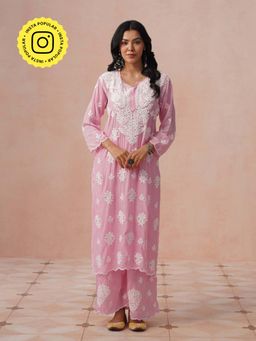 House of Chikankari - Women Light Pink Muslin Chikankari Kurta and Palazzo Set