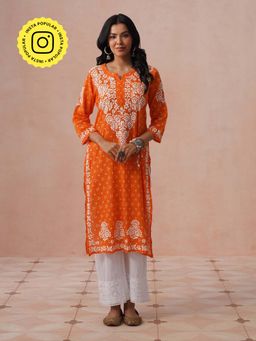 House of Chikankari - HOC Cotton Chikankari Printed Straight Women's Orange Long Kurta