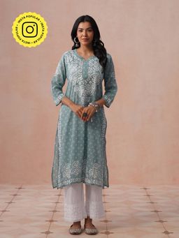House of Chikankari - HOC Cotton Chikankari Printed Straight Women's Green Long Kurta