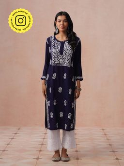 House of Chikankari - HOC Women Navy Blue Modal Chikankari Kurta