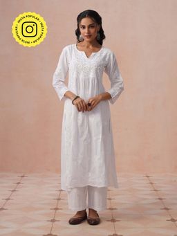 House of Chikankari - HOC Cotton Chikankari Solid Straight Women's White Long Kurta