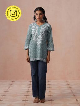 House of Chikankari - HOC Cotton Chikankari Printed Straight Women's Green Short Kurta