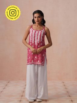 House of Chikankari - HOC Mulmul Chikankari Printed Women's Pink Short Kurta