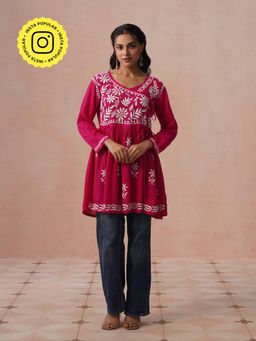 House of Chikankari - HOC Women Pink Modal Chikankari Short Angrakha Kurta