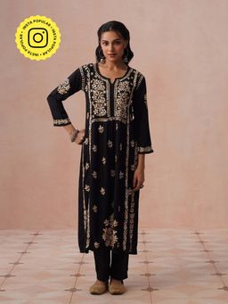 House of Chikankari - HOC Women Black Rayon Chikankari Kurta