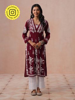 House of Chikankari - HOC Women Maroon Modal Chikankari Kurta