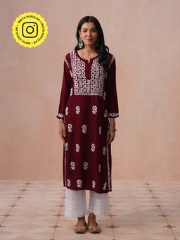 House of Chikankari - HOC Women Maroon Modal Chikankari Kurta