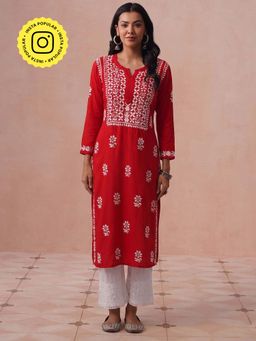 House of Chikankari - HOC Women Red Modal Chikankari Kurta