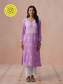 House of Chikankari - HOC Women Lavender Modal Chikankari Kurta