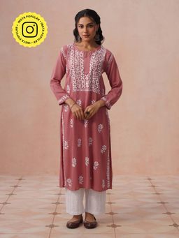 House of Chikankari - HOC Women Dust Pink Modal Chikankari Kurta