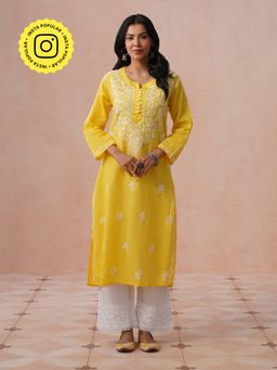 House of Chikankari - HOC Women Yellow Cotton Chikankari Kurta