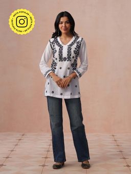 House of Chikankari - HOC Women White Cotton Chikankari Short Kurta
