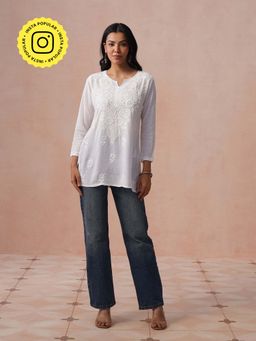 House of Chikankari - HOC Women White Modal Chikankari Short Kurta