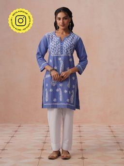 House of Chikankari - HOC Women Blue Cotton Chambray Chikankari Short Kurta