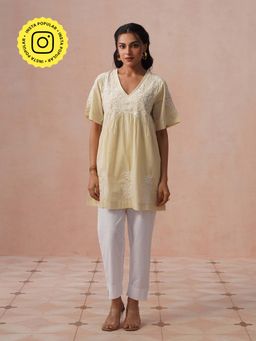 House of Chikankari - HOC Women Beige Cambric Chikankari Short Kurta