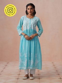 House of Chikankari - HOC Blue Mulmul Chikankari Printed Women's Long Gown