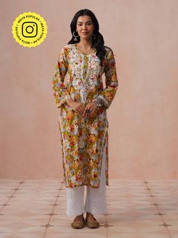 House of Chikankari - HOC Women Green Mulmul Chikankari Kurta