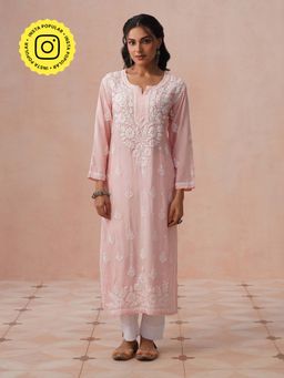 House of Chikankari - HOC Women Peach Muslin Chikankari Kurta