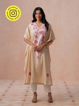 House of Chikankari - HOC Crepe Aari Embroidered Solid Women's Beige Long Kaftan