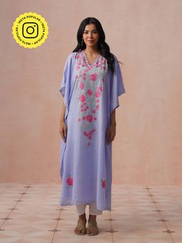 House of Chikankari - HOC Crepe Aari Embroidered Solid Women's Blue Long Kaftan