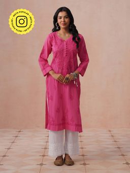 House of Chikankari - HOC Women Pink Cotton Cambric Chikankari Kurta