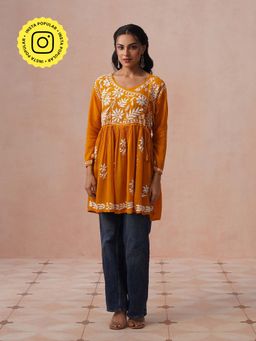 House of Chikankari - HOC Women Mustard Modal Chikankari Short Angrakha Kurta