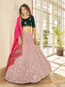 Odette - Festive Designer Pink Semi Stitched Lehenga With Unstitched Blouse (Set of 3)