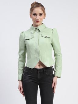 Madame - Flap Pocketed Shirt Collar Neck Green Jacket