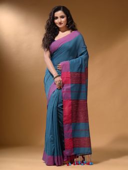 Arhi - Olympic Blue Cotton Handspun Soft Pompom Saree with Unstitched Blouse