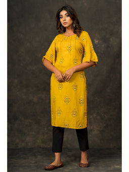 Zolo Label - Yellow Printed Kurta With Bell Sleeves