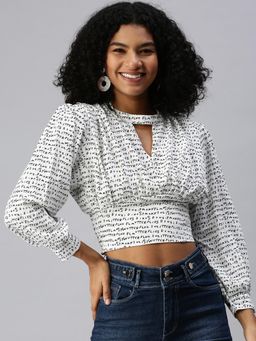 SHOWOFFFF - Women Keyhole Neck Balloon Sleeve Printed White Crop Top