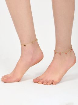 Lilly & Sparkle - Gold Toned Pink Bead And Butterfly Charm Anklet Set