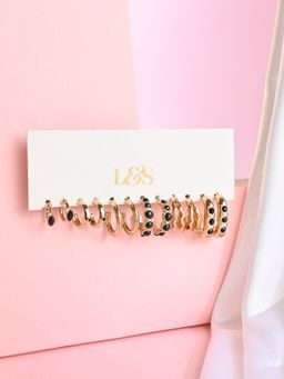 Lilly & Sparkle - 6 Pairs Of Gold Hoop Earrings Set with Black Stones