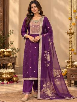 Sindh Fashion - Purple Embroidered Kurta and Pant with Dupatta