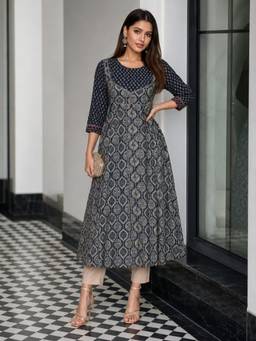 INDO STREET - Navy Blue Printed Kurta and Pant